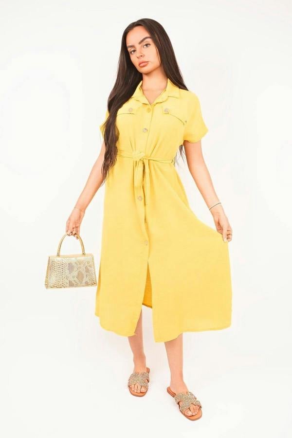 Annie Collared Button Down Short Sleeve Tie Waist Midi Dress - Yellow