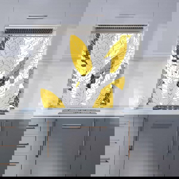 Warren Reed - Designer Yellow Grey Feather Leaves Kitchen Splashback