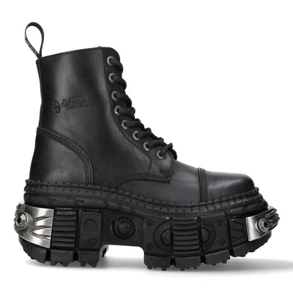 New Rock Metallic Black Leather Boots-WALL083C-S4