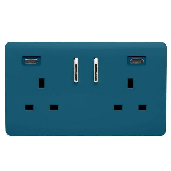 Trendi Switch 2 Gang USB 65W Type C USB Plug Socket in Ocean Blue