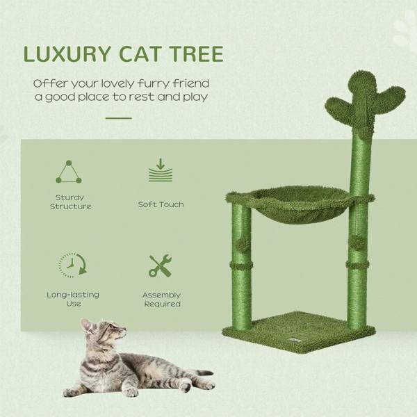 Green luxury cactus cat tree with hammock bed and vertical scratching posts