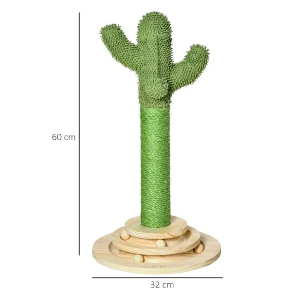 Green cactus-shaped cat scratching post; size shows approx. 32 x 32 x 60 cm