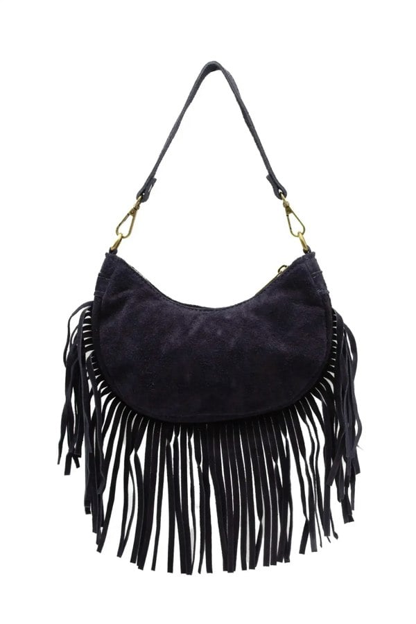 Kitise Small Genuine Italian Suede Fringed Crossbody Shoulder Bag