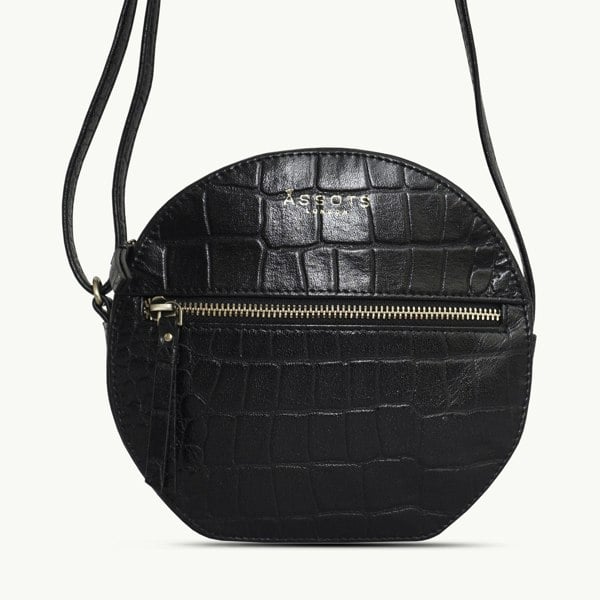 Assots London 'Jane' Black Croc Leather Round Designer Crossbody Bag