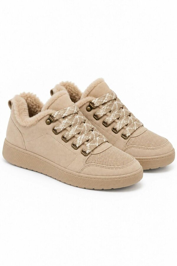 Love Lemonade Hudson Comfort Faux Suede Check Lace Faux Fur Lined Trainers Nude