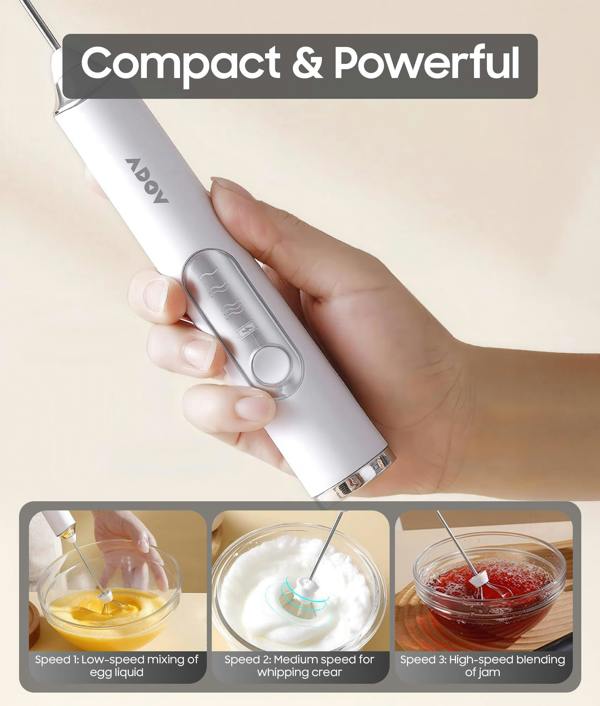 ADOV Rechargeable Handheld Milk Frother, 3-Speed Electric Coffee Whisk with 2 Heads for Latte, Cappuccino and Matcha