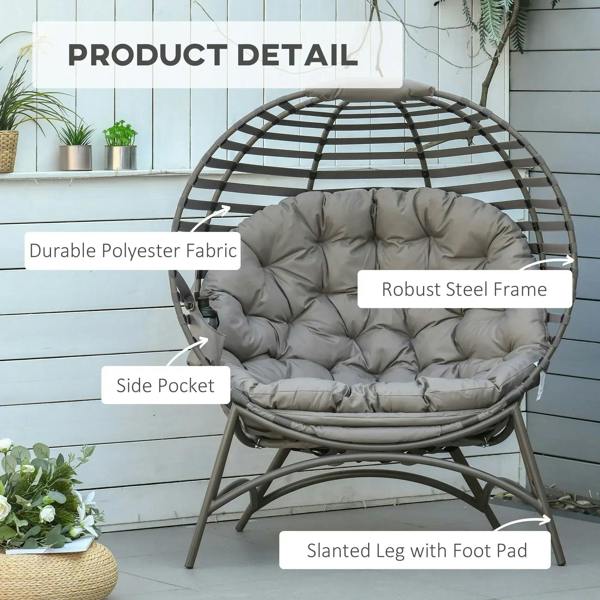 Egg chair with gray cushion, slanted legs, and attached side pocket