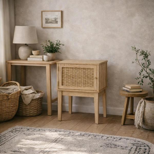 Wyld Haus Waterford Oak Wood and Rattan Bedside Table 1 Door