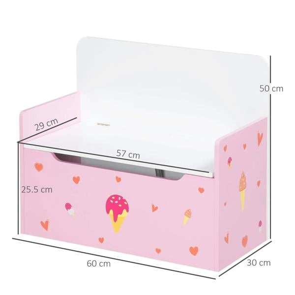 Pink kids storage bench toy box with open lid and printed popsicle design