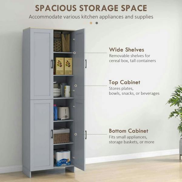 Grey kitchen storage cabinet with open doors, wide shelves, and upper and lower compartments