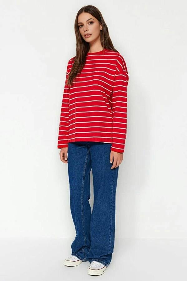 WOVCOR Striped Crew Neck Thin Knit Sweatshirt