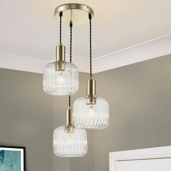 COSYLYTE Maple 3 Light Ribbed Glass Cluster Pendant Light - Brushed Brass