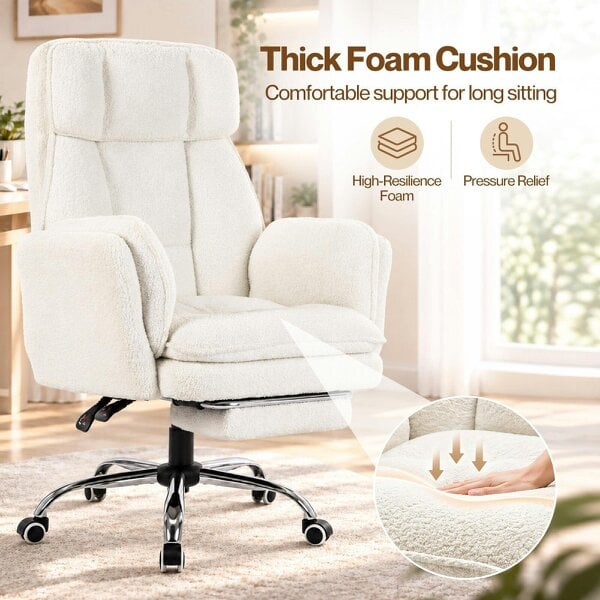 Levede Ergonomic Office Chair Teddy Fabric with Reclining Footrest Gaming White