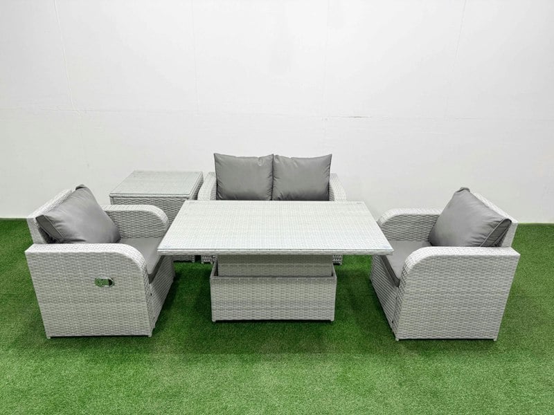 Fimous Light Grey PE Wicker Rattan Garden Furniture Set Sofa Set Reclining Chair Adjustable Lifting Dining or Coffee Table 4 Seater With Side Table