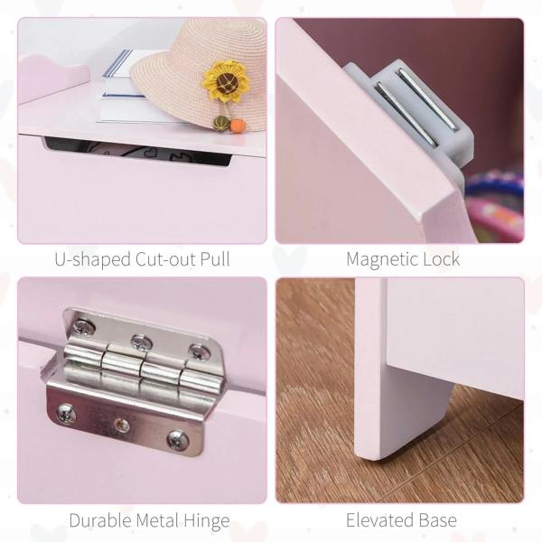Pink wooden toy box hardware close-up: U-shaped pull and magnetic lock details.