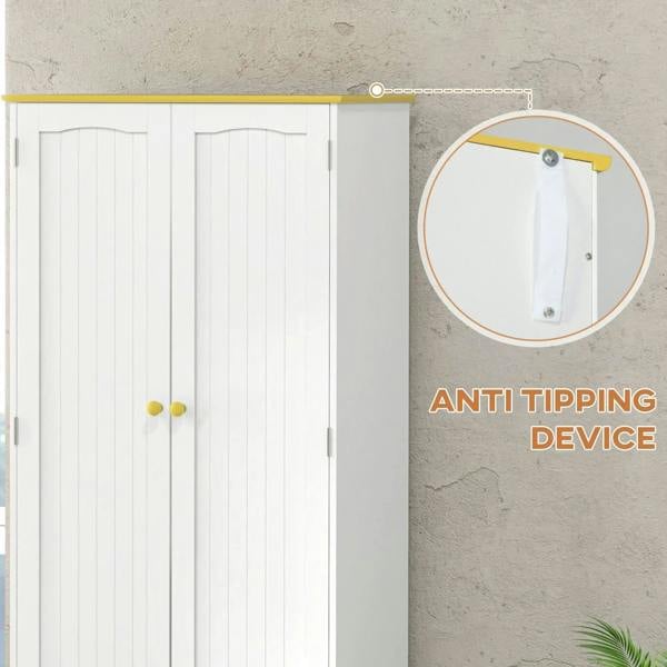 White cabinet with beaded door panels and anti-tip mounting bracket detail