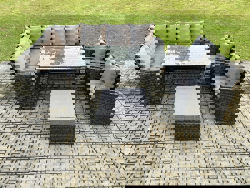 Fimous 9 Seater High Back Rattan Garden Furniture Set Corner Sofa With Rectangular Dining Table 2 Arm Chairs Big Footstool