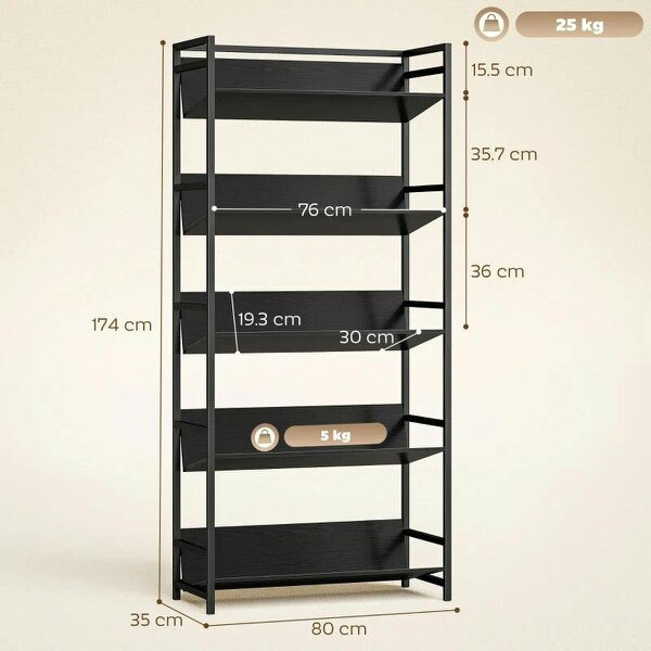 Bookshelf 5-Tier Metal Frame Bookcase Storage Shelves for Living Room Black