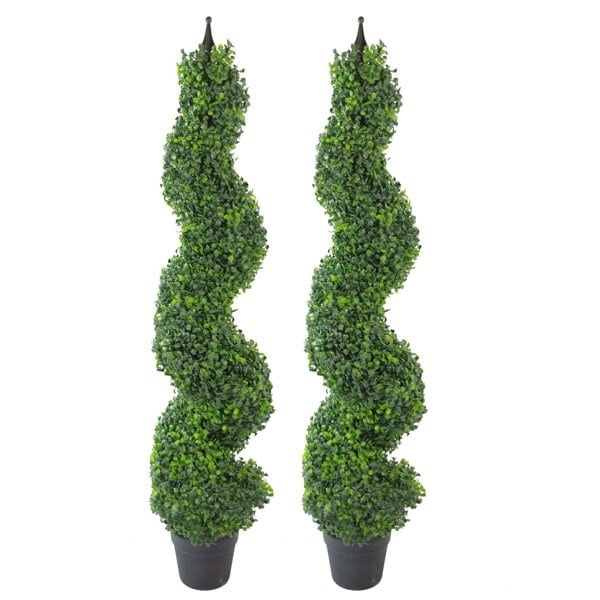 Leaf Pair of 120cm (4ft) Tall Artificial Boxwood Tower Trees Topiary Spiral Metal Top