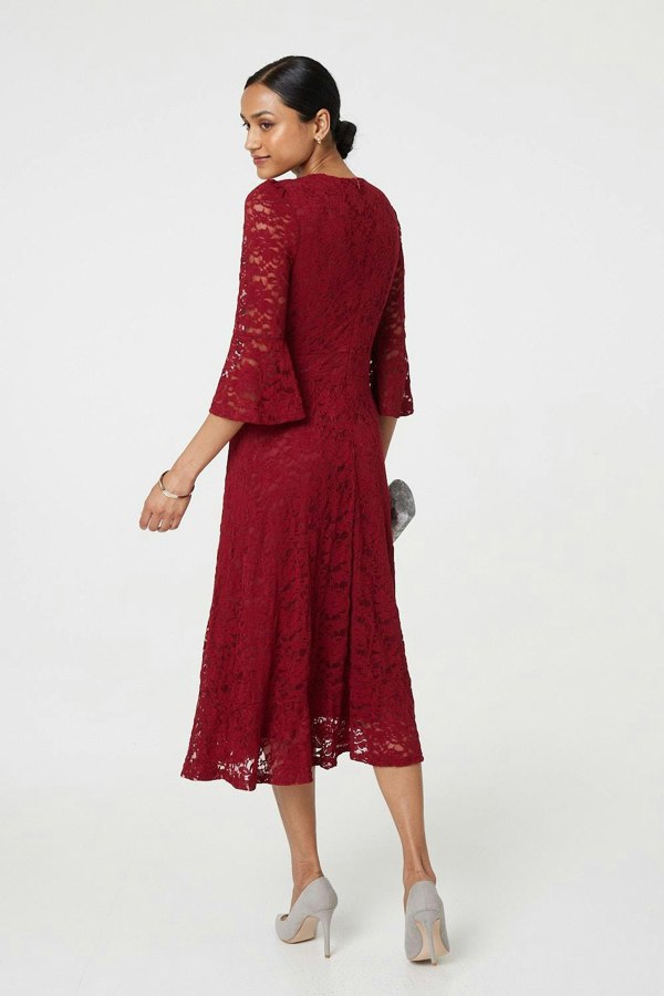 Red | Lace Semi Sheer 3/4 Flute Sleeve Midi Dress
