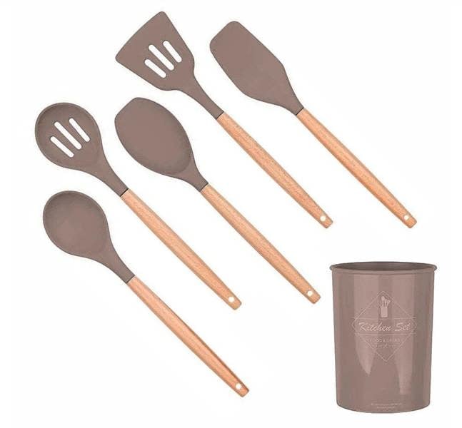 Anygleam Kitchen Utensils 5 Set Khaki Natural Beech Wooden Handle Cookware Tool with Storage Heat Resistant Non Stick Accessories