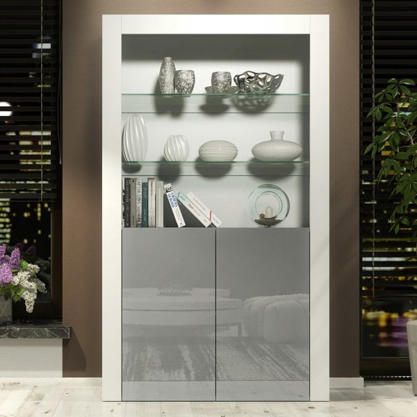 Mex Furniture Tall Display Cabinet 170cm White Matt Body and Grey Gloss Doors – Modern Open Shelving Unit