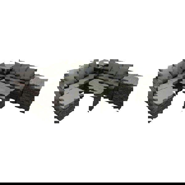 Fimous Rattan Garden Outdoor Furniture Set 3 Seater Sofa Coffee Table with Big Footstool 2 Side Tables Dark Grey Mixed