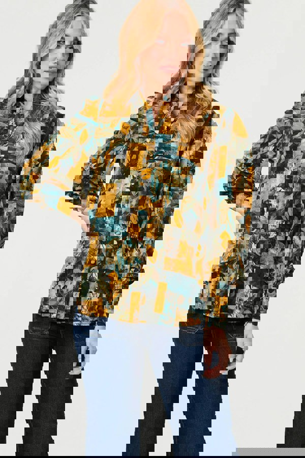 Teal | Leaf Print Puff Sleeve Relaxed Shirt
