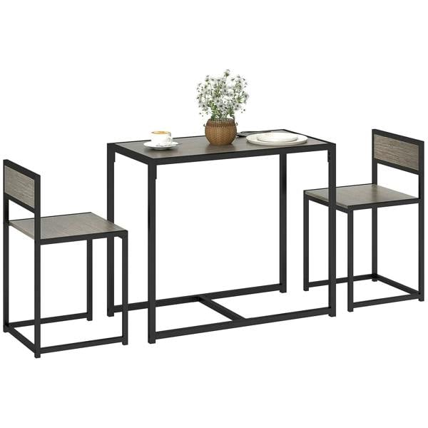 Grey rectangular dining table with two matching chairs, steel frame, wood-effect finish