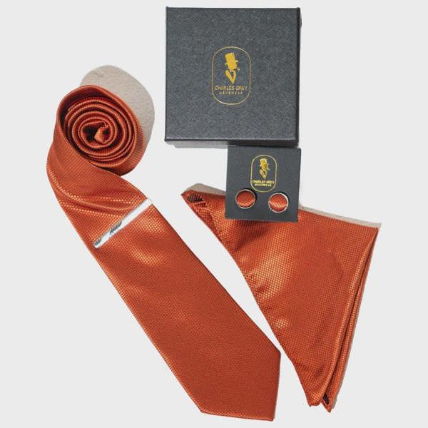 Charles Grey Scale Tie, Pocket Square, Cuff Link & Tie Clip Set - Rust