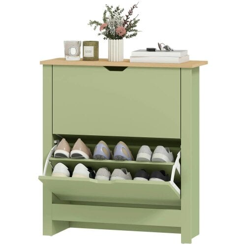 Wyld Haus Wooden Green Slim Shoe Cabinet With 2 Flip Drawers For 12 Pairs