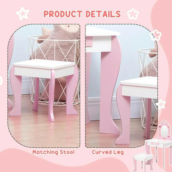Kids pink dressing table set with curved legs and heart-accented drawers