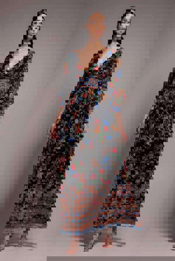 Chiffon Wrap Border Floral Print Maxi Dress - Black DR4394