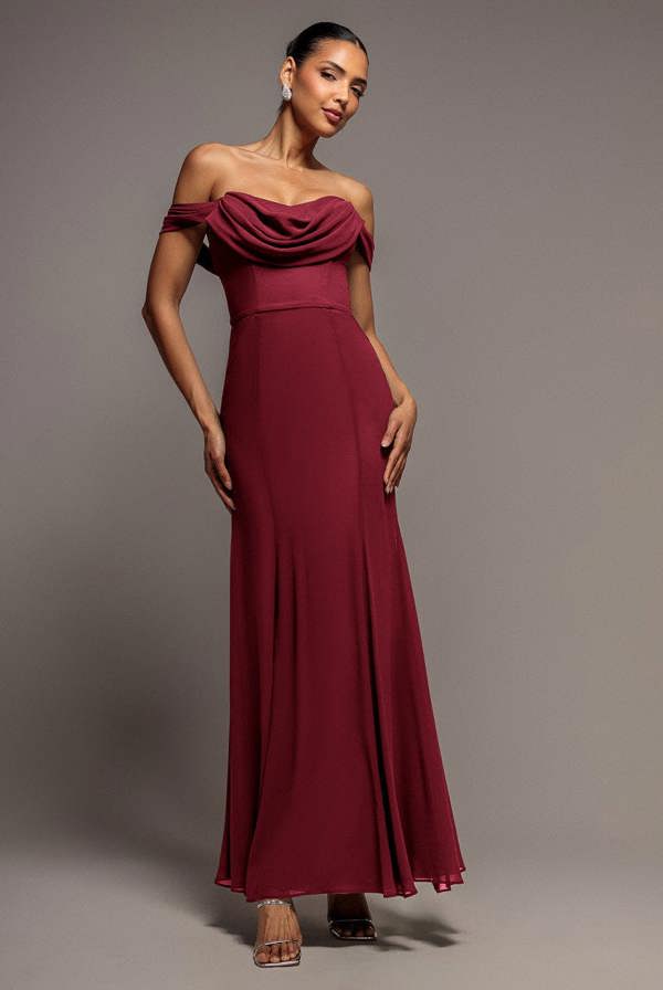Chiffon Bardot Cowl Neck Maxi Dress - Wine DR2781A