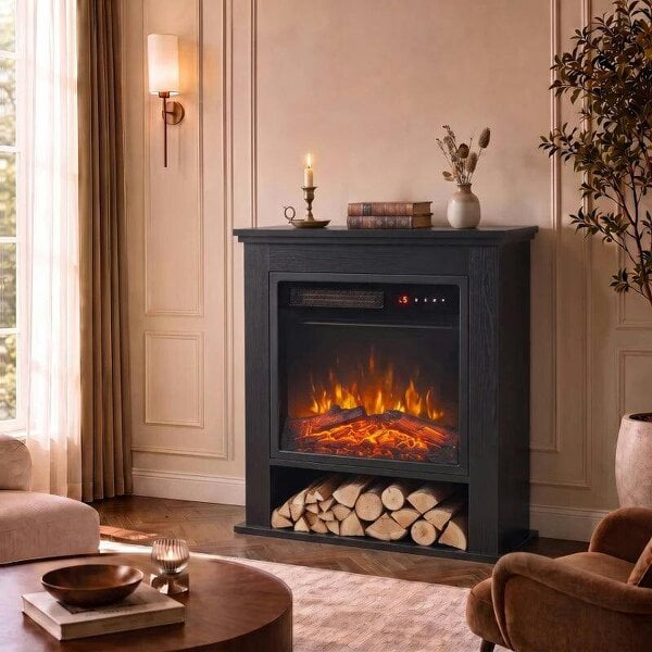 Electric Fireplace Suite with Shelf, 25" 1800W Electric Fire and Surround with LED Flame, 5 Brightness, Remote, Black