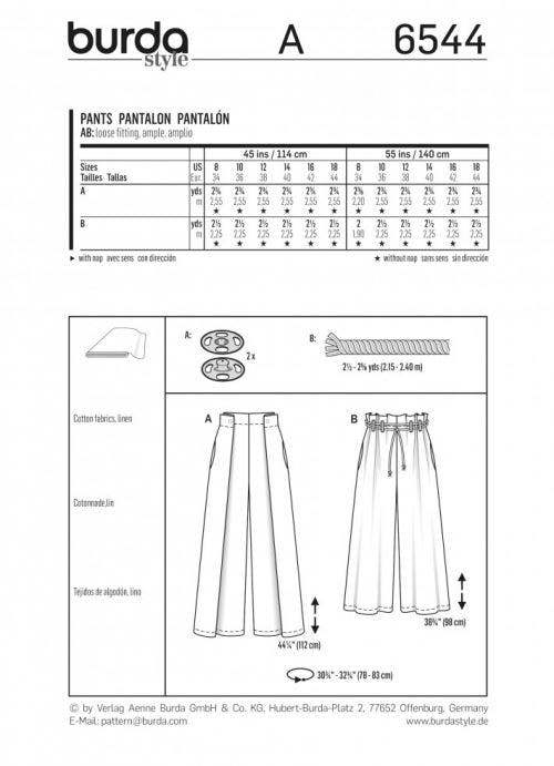 Burda Sewing Pattern 6544 Trousers For Women, 8 to 18 - Easy