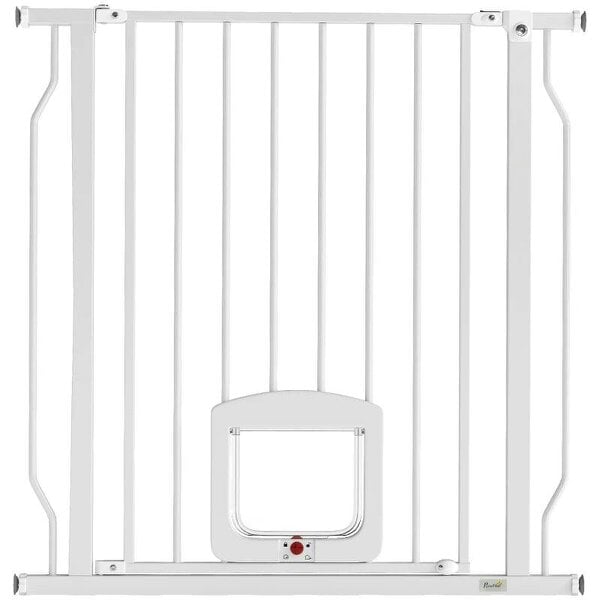 Adjustable Pet Gate with Cat Door, Pressure Fit Barrier for Doorway and Hallway, 75-85 cm, White