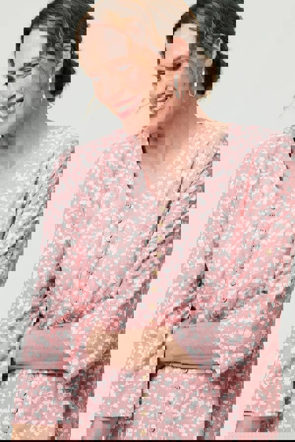 Pink | Ditsy Floral 3/4 Sleeve Curve Hem Top
