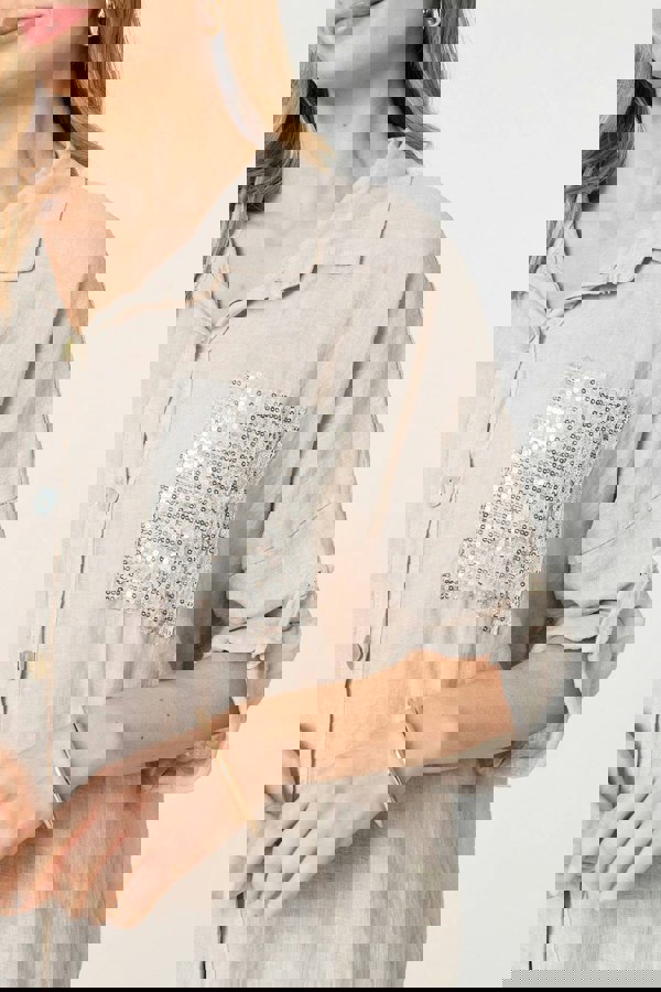 Beige | Sequin Detail 3/4 Turn-Up Sleeve Shirt
