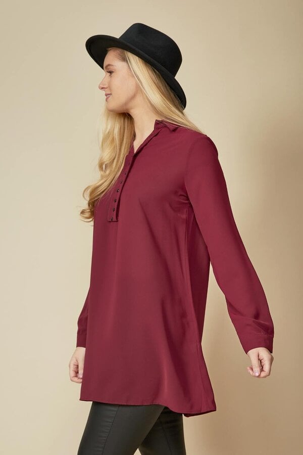 Hoxton Gal Tunic Shirt with Button Details in Burgundy