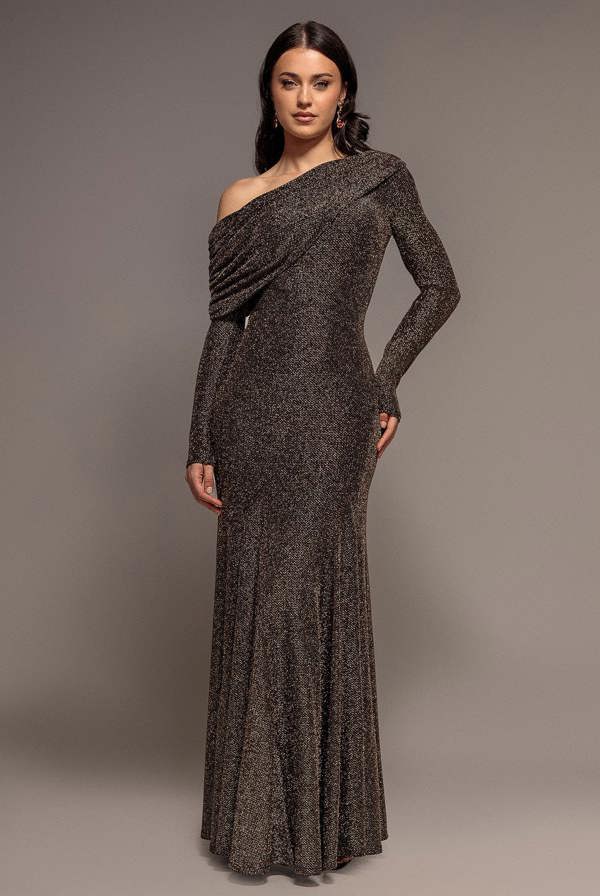 Off Shoulder Gathered Bardot Asymmetric Lurex  Maxi Dress - Gold DR5288