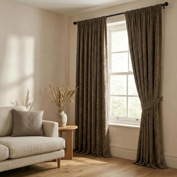 Athens made-to-measure curtains in Cocoa, styled in a living room
