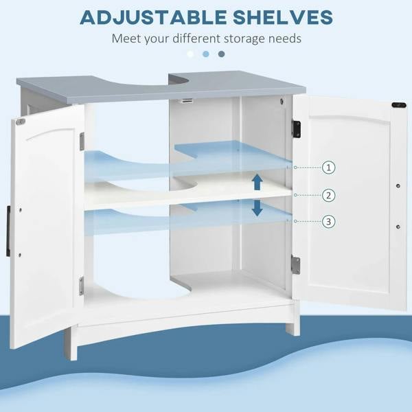 White cabinet with adjustable interior shelves, double doors open, metal pull handles
