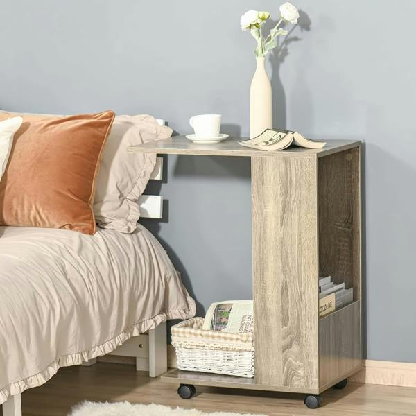ADOV C Shaped Side Table with Wheels, Industrial Sofa End Table with Open Storage for Living Room and Bedroom