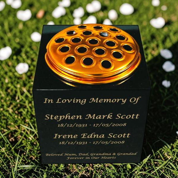 Memorials Direct Granite Memorial Vase for Two Names, Free Personalised Gold Engraving, Solid Granite