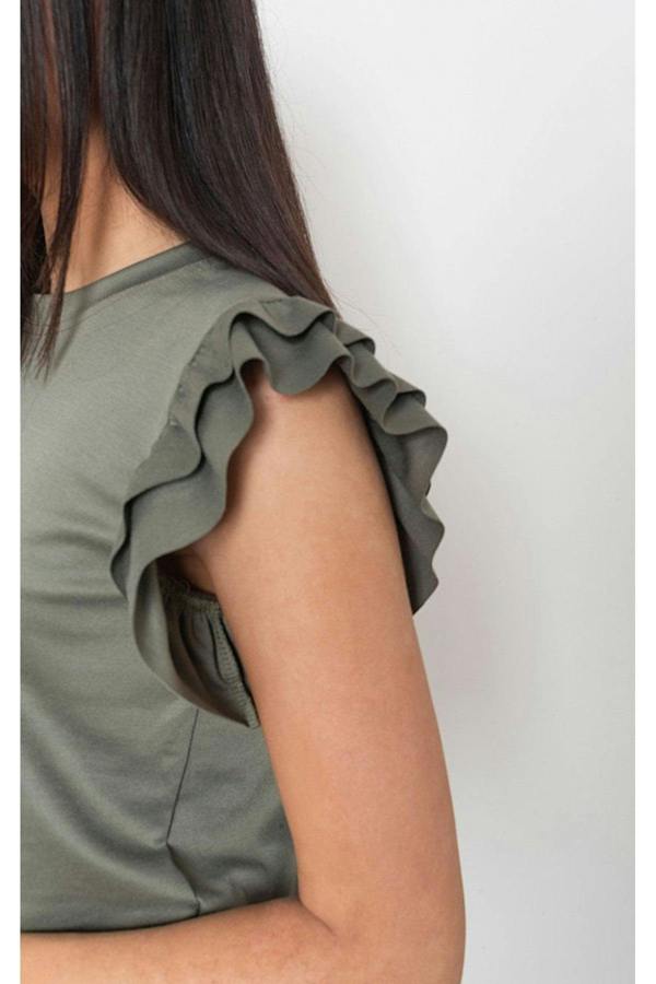 Avie Plain Frill Peplum Sleeve Top Shorts Co-ord Set - Khaki