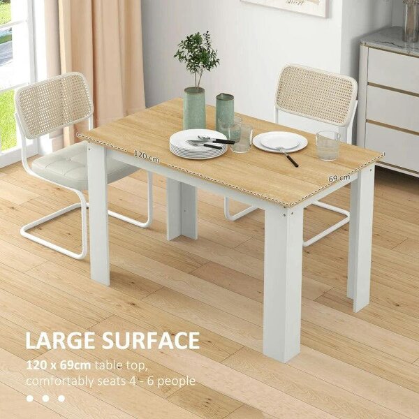 Dining Table for 4-6 People, Kitchen Table with Wood Effect for Dining Room, Oak and White