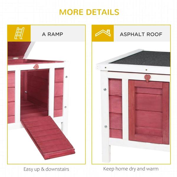 Red wooden rabbit hutch details: hinged ramp and covered door panels