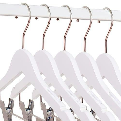 HYGRAD BUILT TO SURVIVE 12 Children's White Wooden Coat Hangers Baby Toddler Clothes 360 Swivel Hook With Clips Kids Clothes Anti Slip