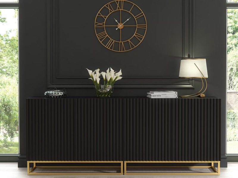 Mex Furniture Sophisticated Black Sideboard with Fluted Fronts & Gold Legs – 200cm Storage Unit